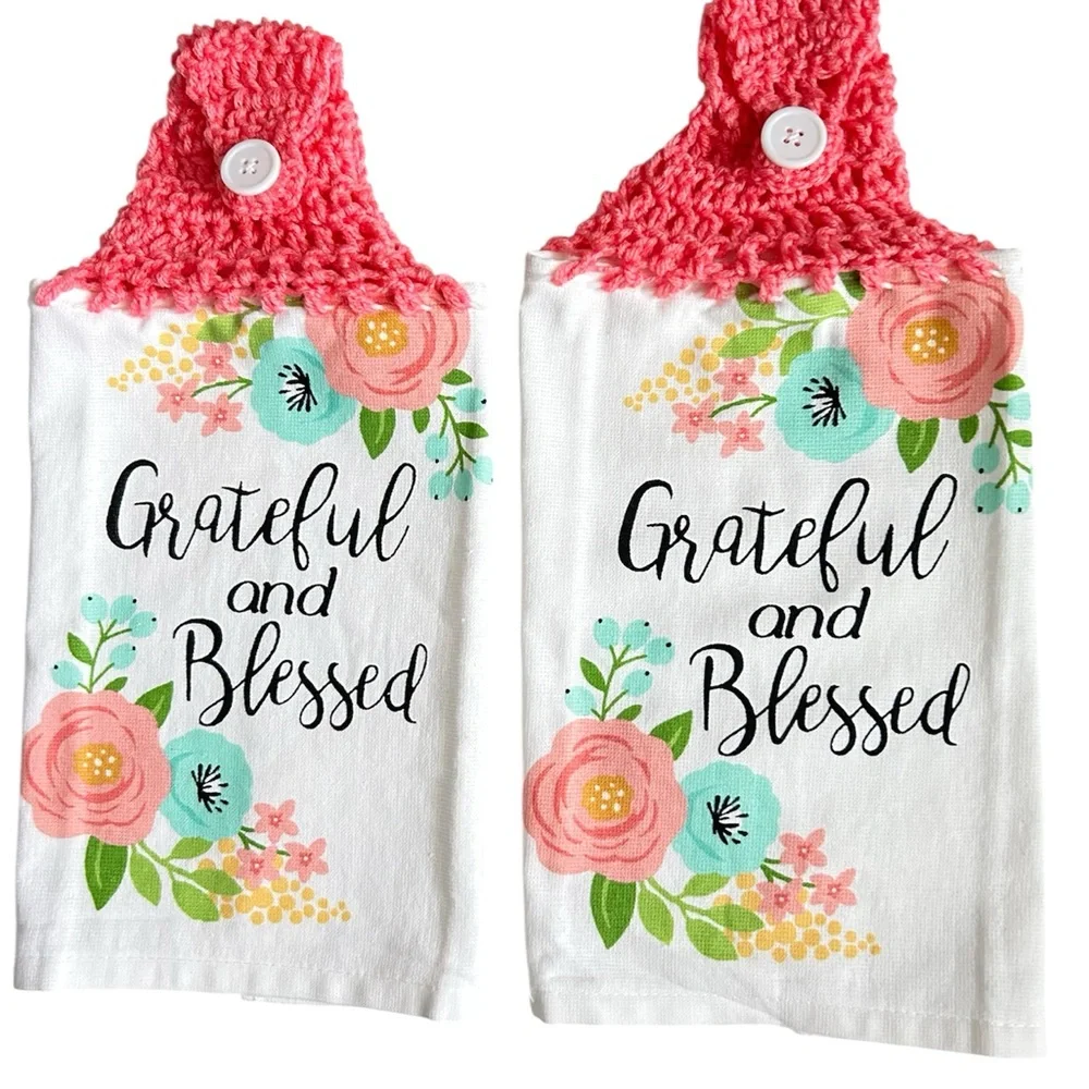 Hand Crafted Floral Hanging Kitchen Hand Towels Colorful Grateful and Blessed